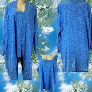 Roaman's + 3X Blue Lace Open Front Scallop Edges Long Sleeve Jacket & Tank Set
